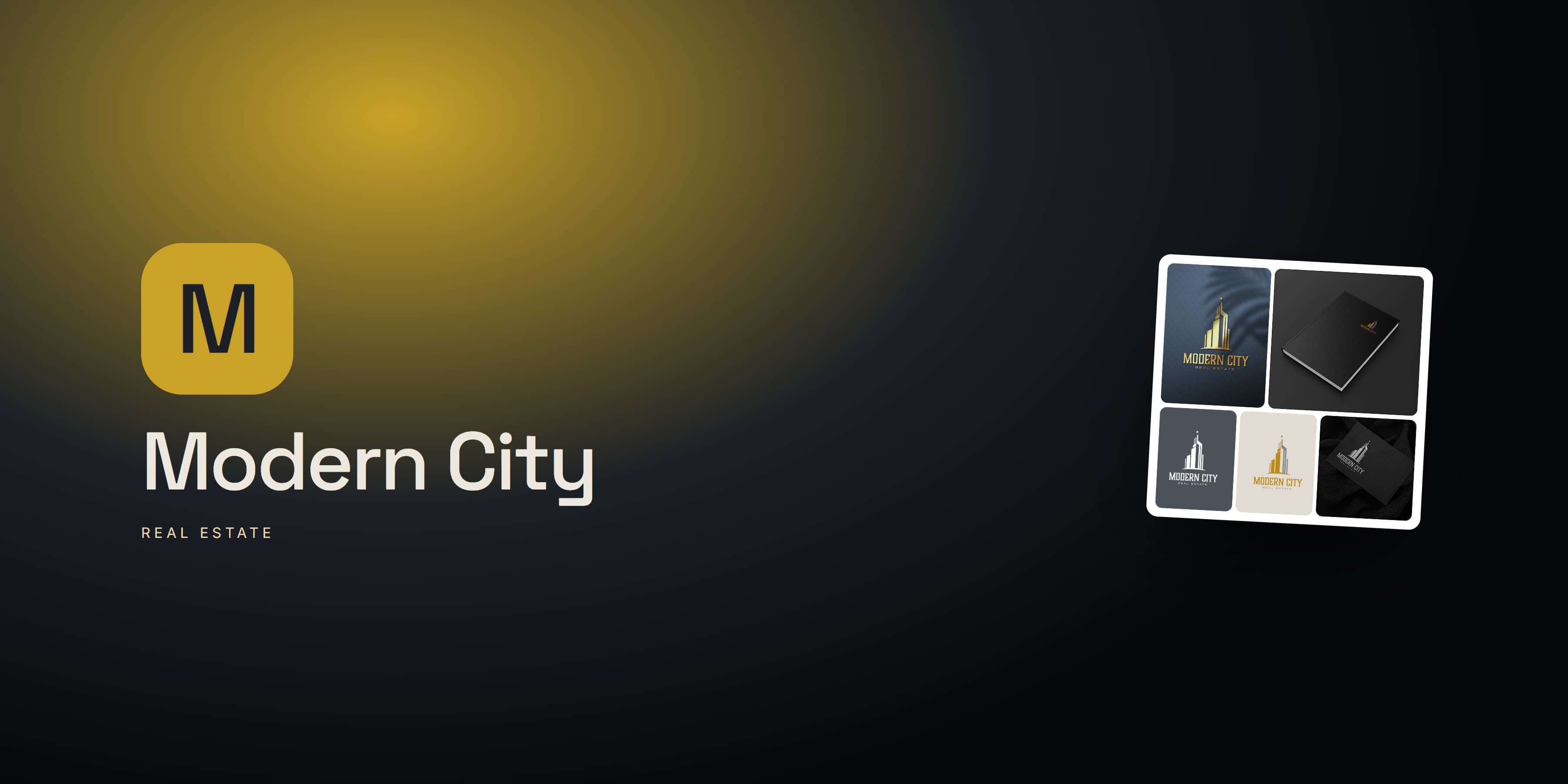 Modern City Real Estate logo applied to cards, a notebook and signage