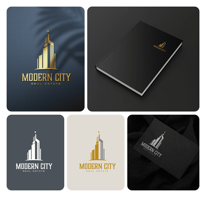 Modern City Real Estate logo applied to cards, a notebook and signage