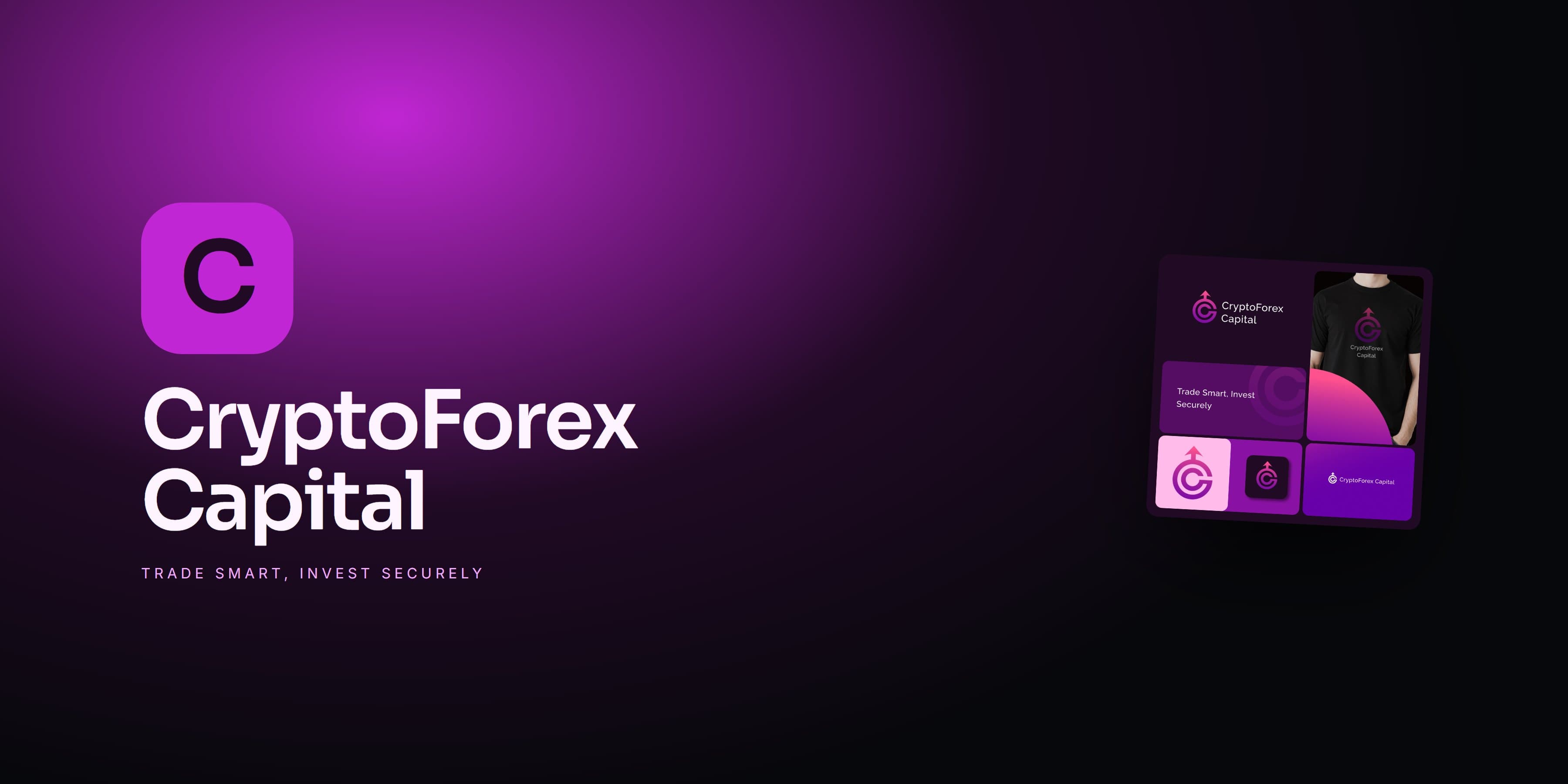CryptoForex Capital identity shown across logo, app icon, t-shirt and brand tiles