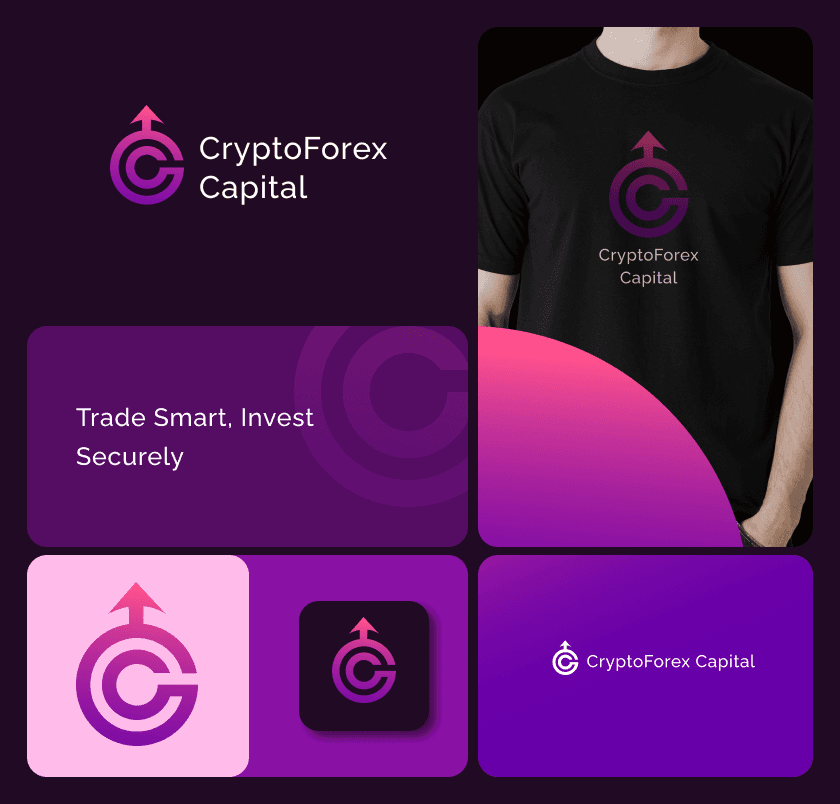 CryptoForex Capital identity shown across logo, app icon, t-shirt and brand tiles