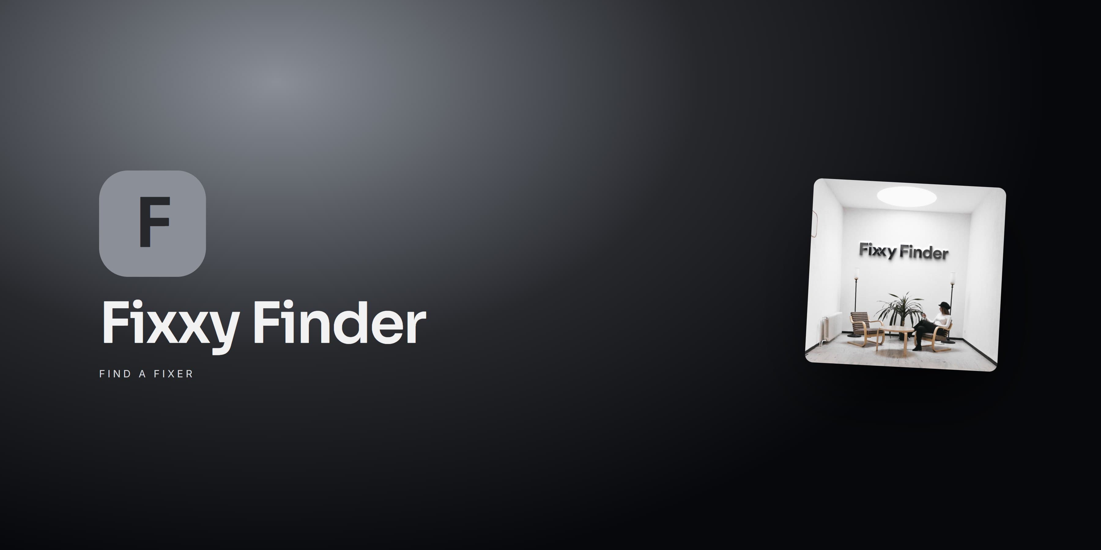 Fixxy Finder wordmark mounted on a white interior wall
