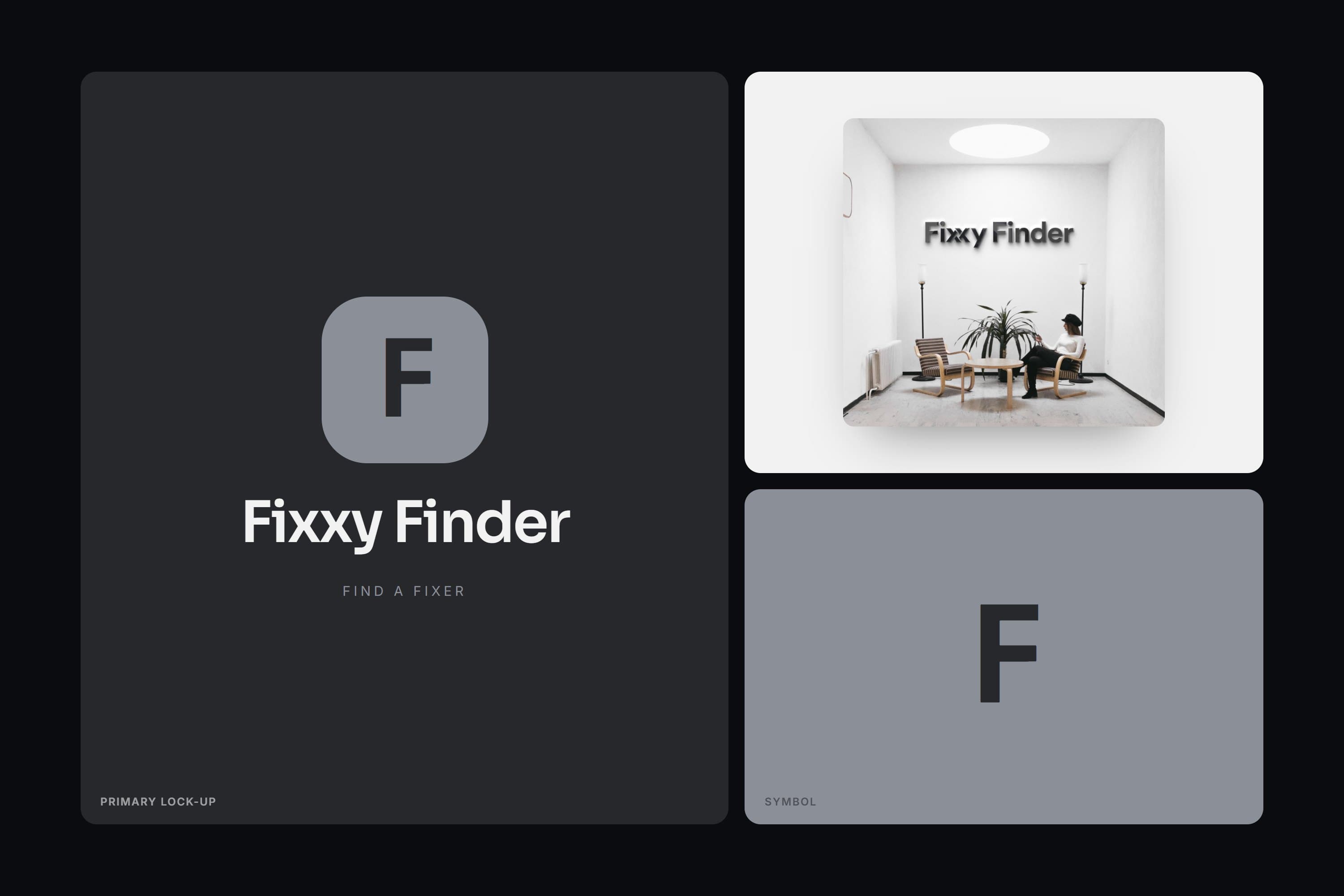 Fixxy Finder wordmark mounted on a white interior wall
