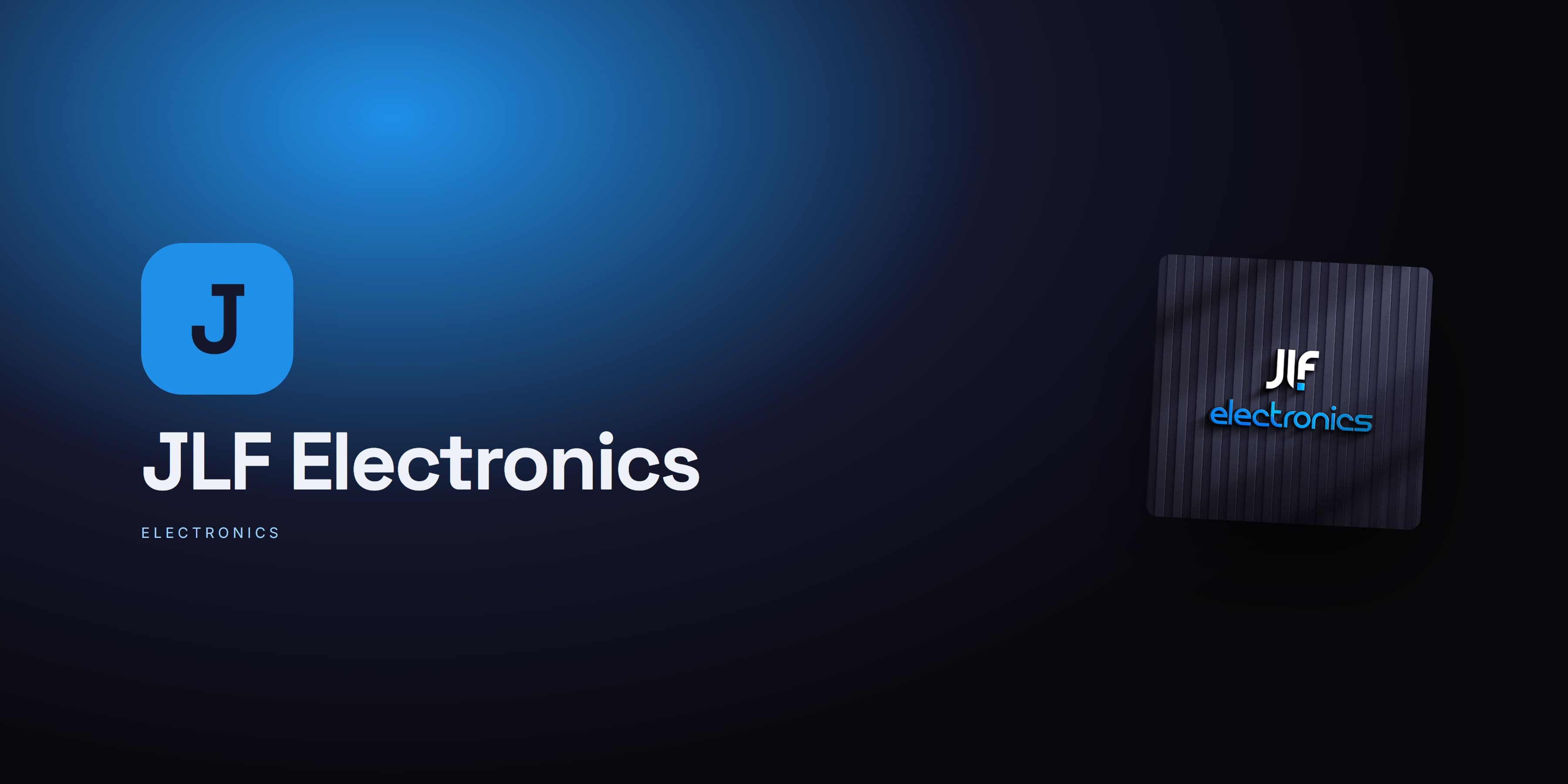 JLF Electronics logo as illuminated signage on a dark panelled wall