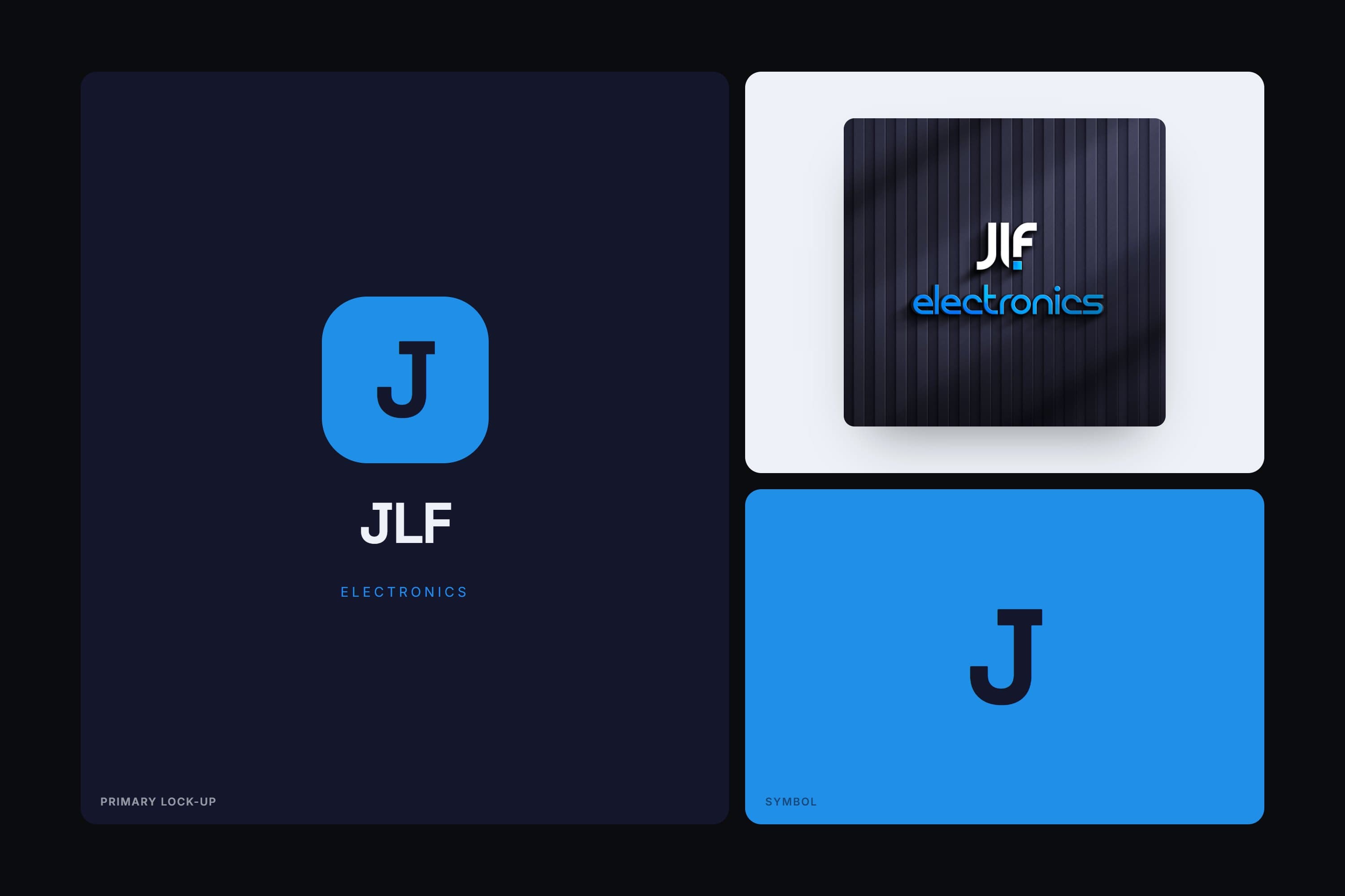 JLF Electronics logo as illuminated signage on a dark panelled wall