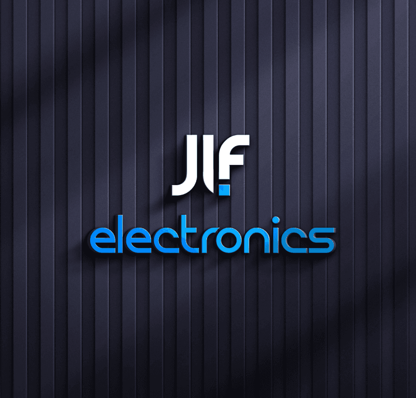 JLF Electronics logo as illuminated signage on a dark panelled wall