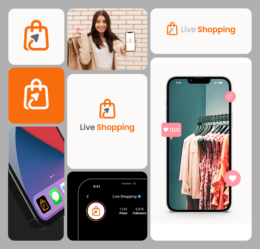 Live Shopping logo, app icon and mobile app screens