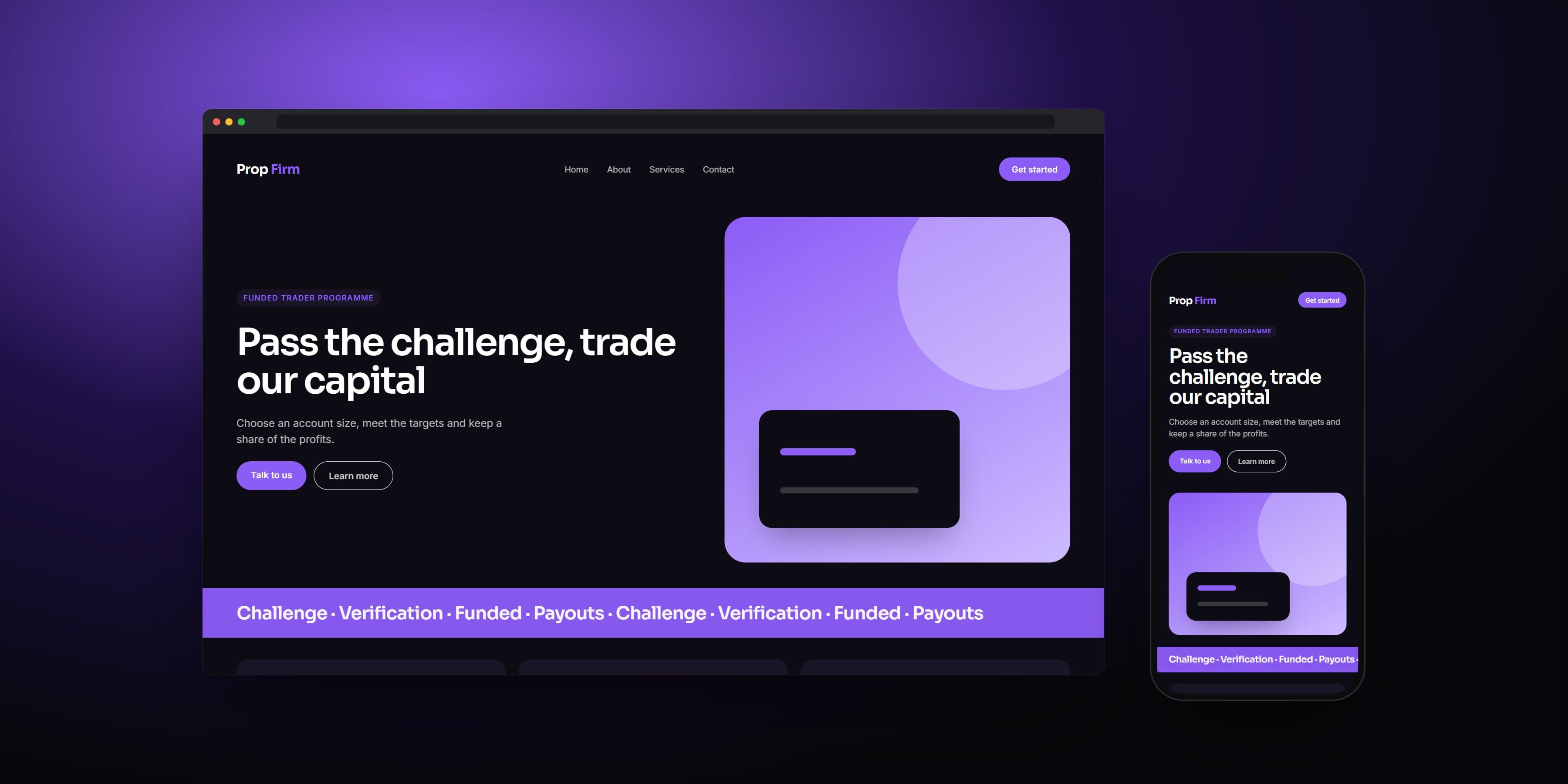 Illustrative mock-up of a prop trading firm website on a desktop browser