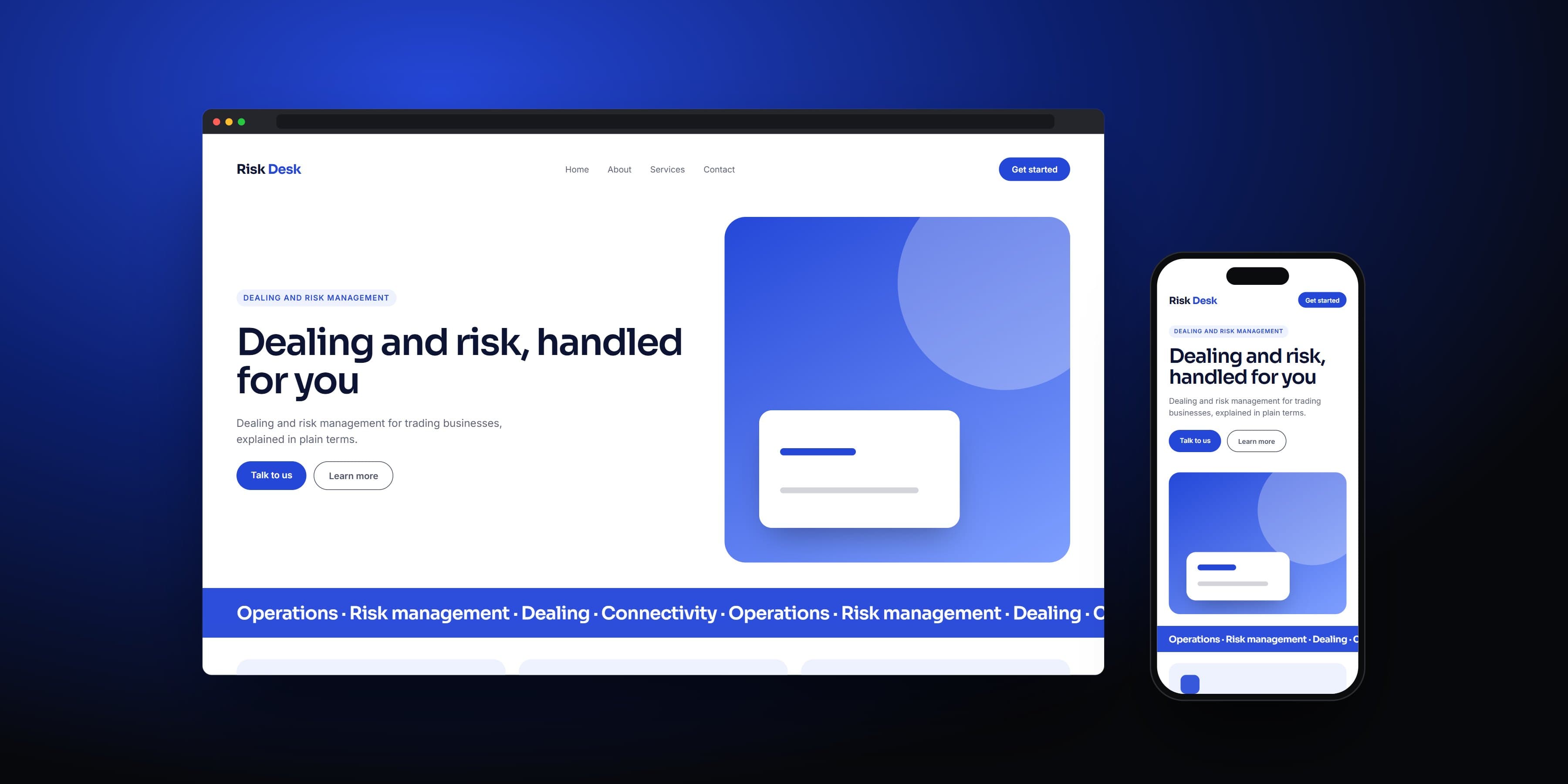 Illustrative mock-up of a risk management provider’s website on a desktop browser