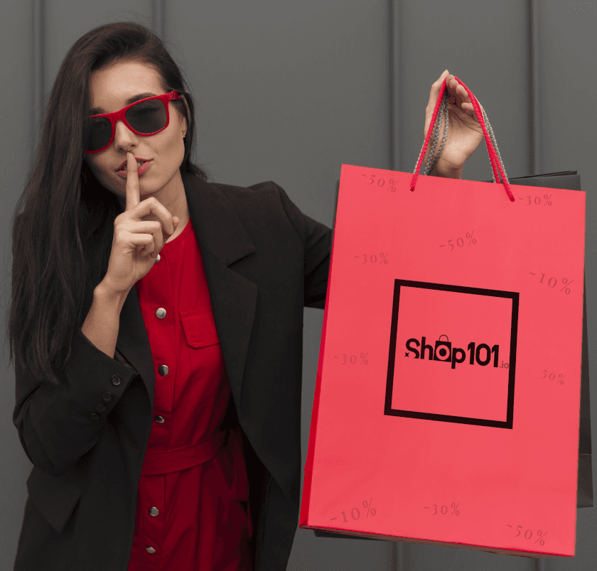 Shop101 branded shopping bag in a campaign photograph